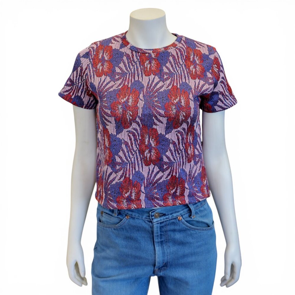 Zara Jacquard Textured Tee Hibiscus Floral Print – Size S